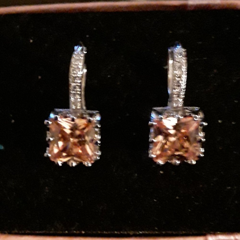 Silver Champagne Sapphire Hook EmeraldCut Earrings